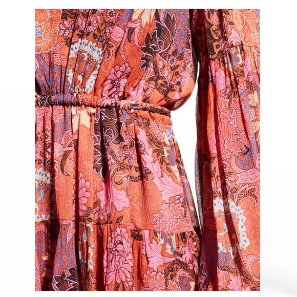 NWT A.L.C ALC pink purple printed tiered long sleeve v-neck mini dress - Picture 4 of 14